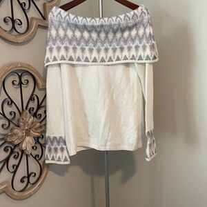 White House Black Market Gray and White Off-the-Shoulder Sweater